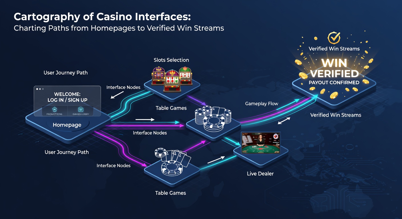Close-up view of a casino interface's verification hub, displaying real-time win streams, RTP certificates, and independent audit badges from testing labs, with overlaid arrows tracing the user journey from account dashboard to payout confirmation screens.