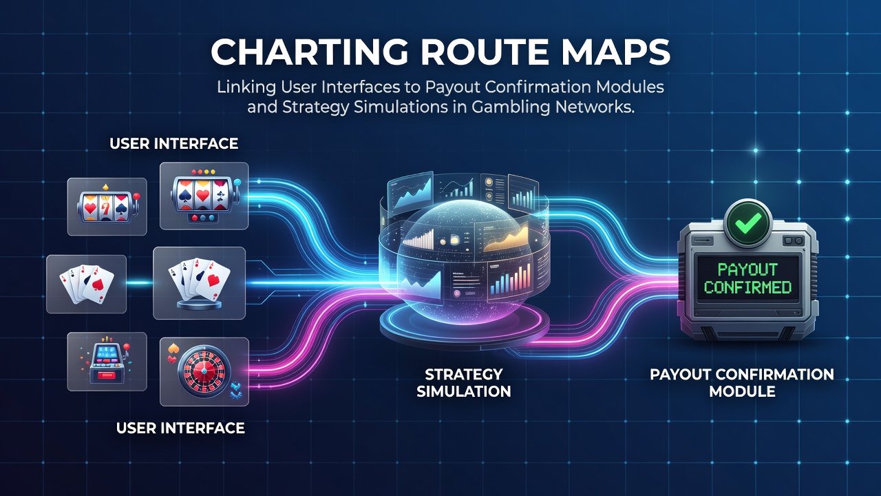 Diagram showing navigation routes from gambling platform homepages through verification modules to simulation engines