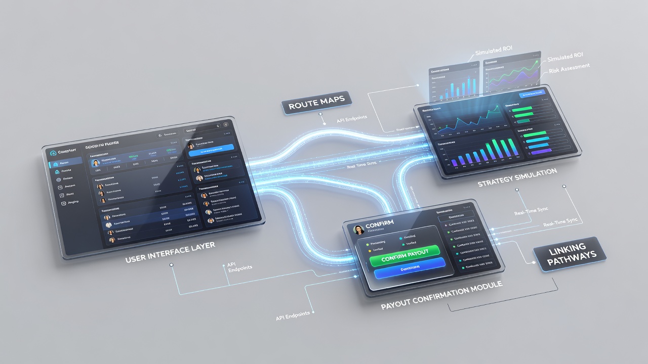Flowchart illustrating connections between user interface elements, payout verification hubs, and strategy simulation dashboards in gambling networks