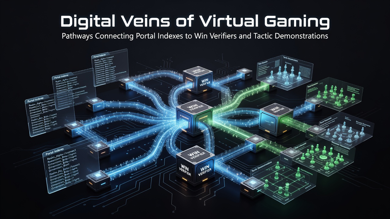 Digital pathways diagram showing connections from gaming portal indexes to win verification systems and strategy demonstration modules