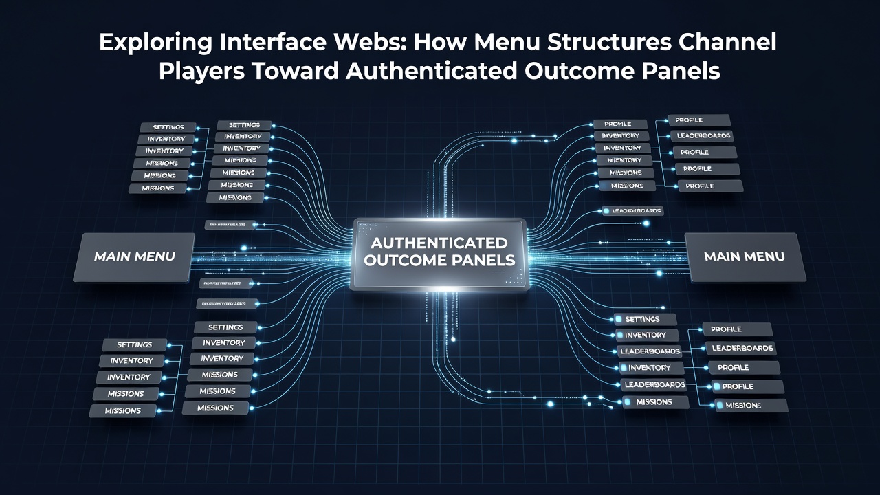 Diagram illustrating connections between menu items, demo game sections, and result verification areas on gaming websites