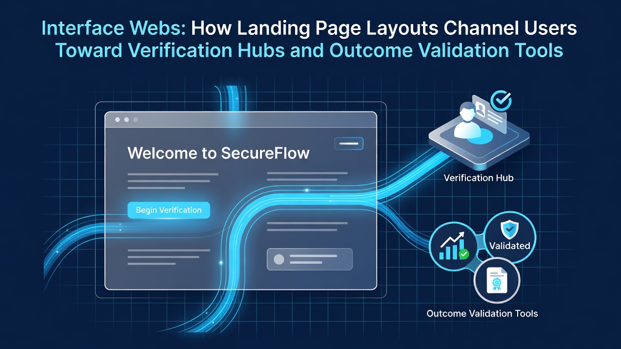 Diagram showing casino homepage layout with arrows directing users from promotional banners through registration forms to verification portals and outcome validation sections