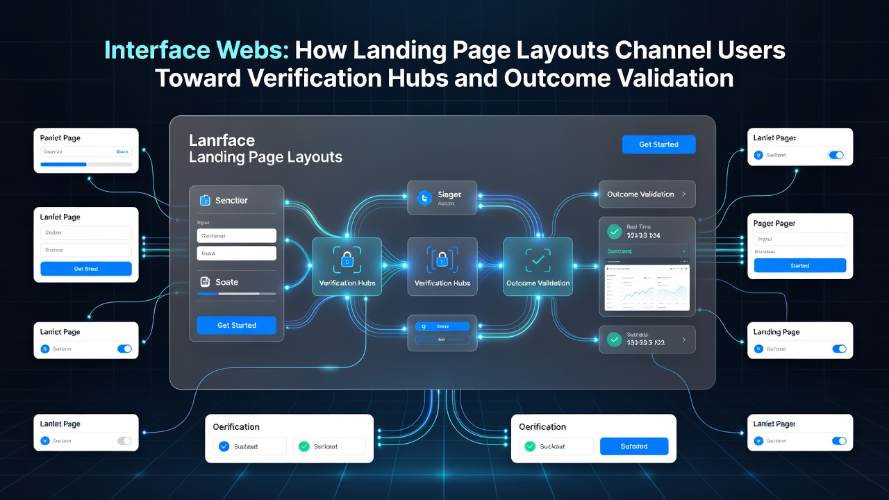Screenshot of a verification hub interface with form fields, security badges, and links to outcome validation dashboards