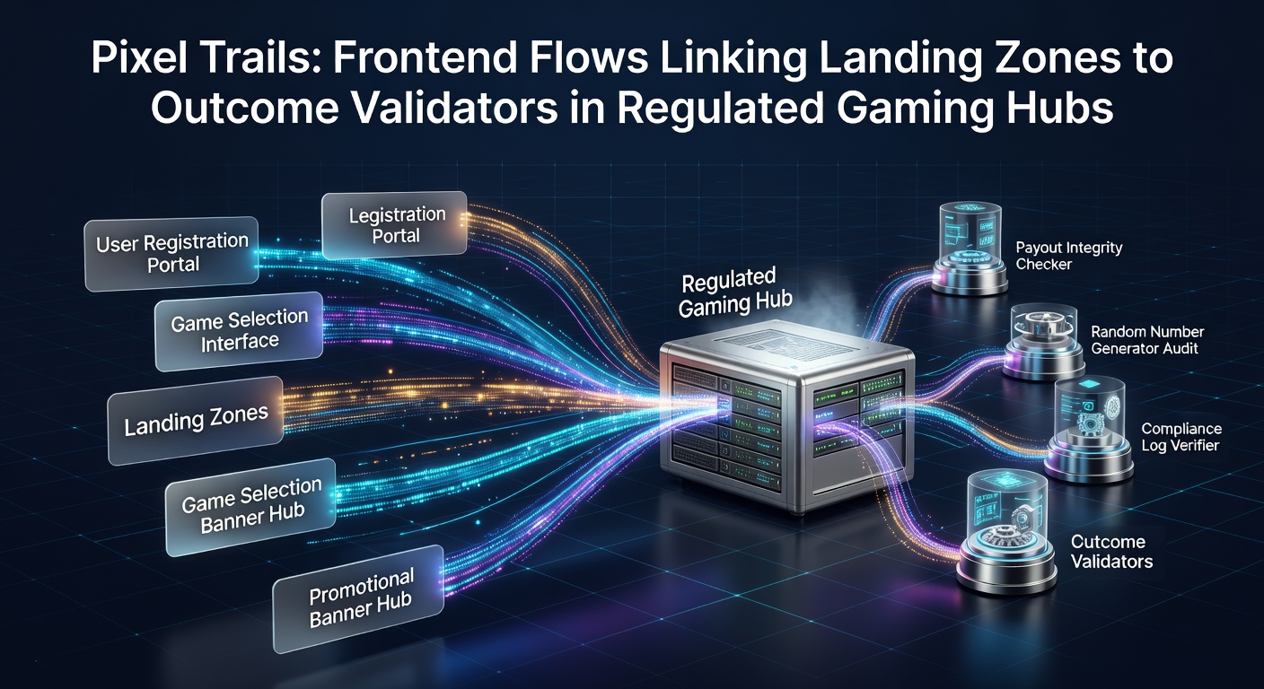 Schematic diagram illustrating frontend navigation flows in a regulated gaming platform, highlighting connections from landing pages to outcome validation interfaces
