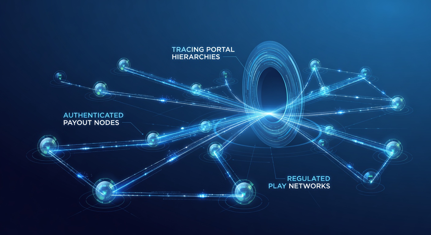 Diagram showing layered portal structures connecting entry points to authenticated payout verification nodes in regulated gaming networks