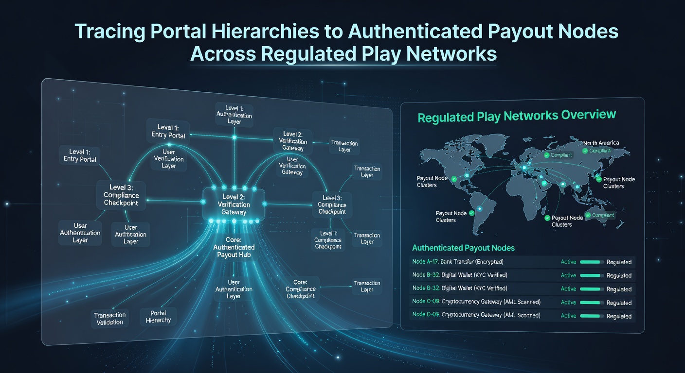 Illustration of authenticated payout nodes receiving verified requests from upper portal layers within controlled play networks