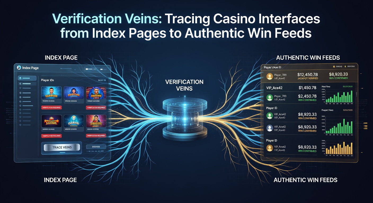 Schematic diagram illustrating casino website index pages branching into verification veins leading to authentic win feeds, with highlighted navigation paths and security icons