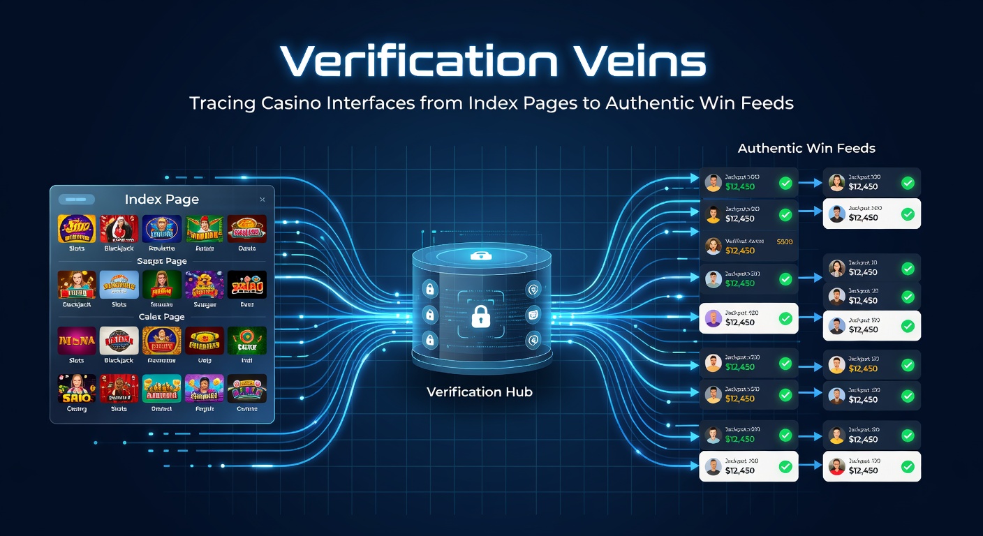 Close-up view of a casino dashboard displaying live win feeds connected via verification veins from the index page, featuring timestamped payouts, RNG seals, and navigation breadcrumbs