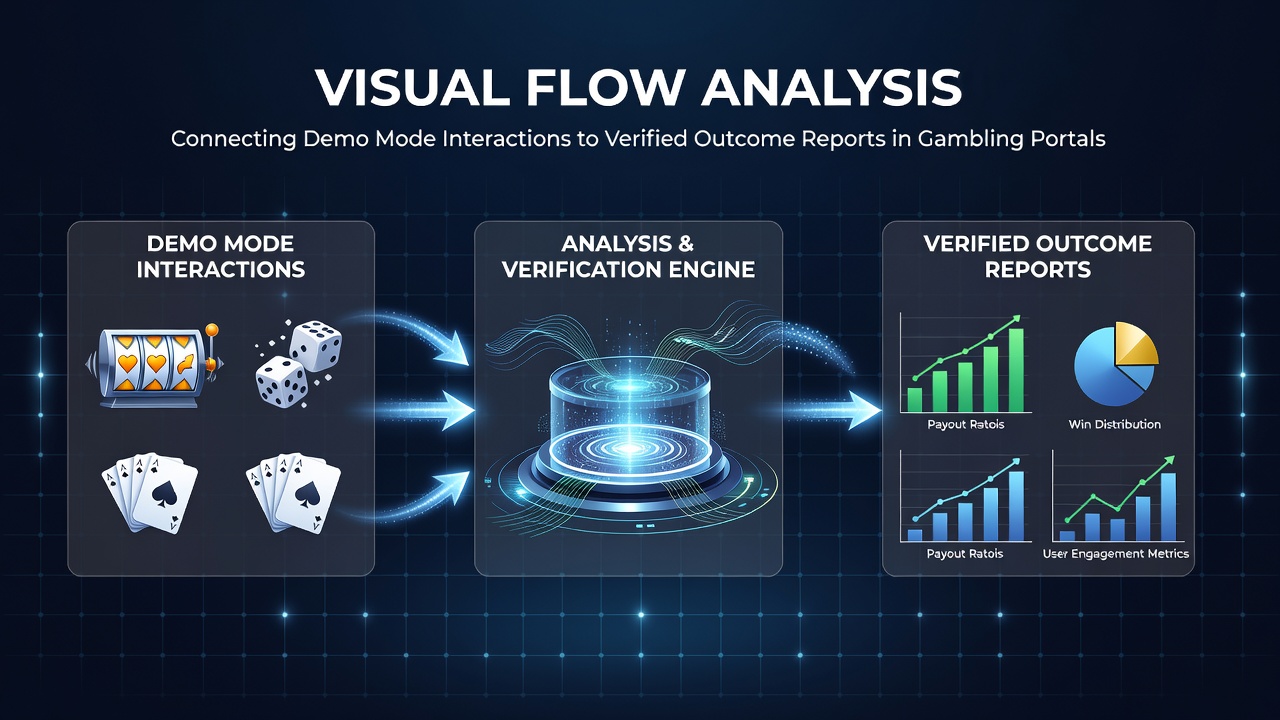 Diagram showing navigation paths from demo mode interfaces to verified outcome reports in online gambling portals