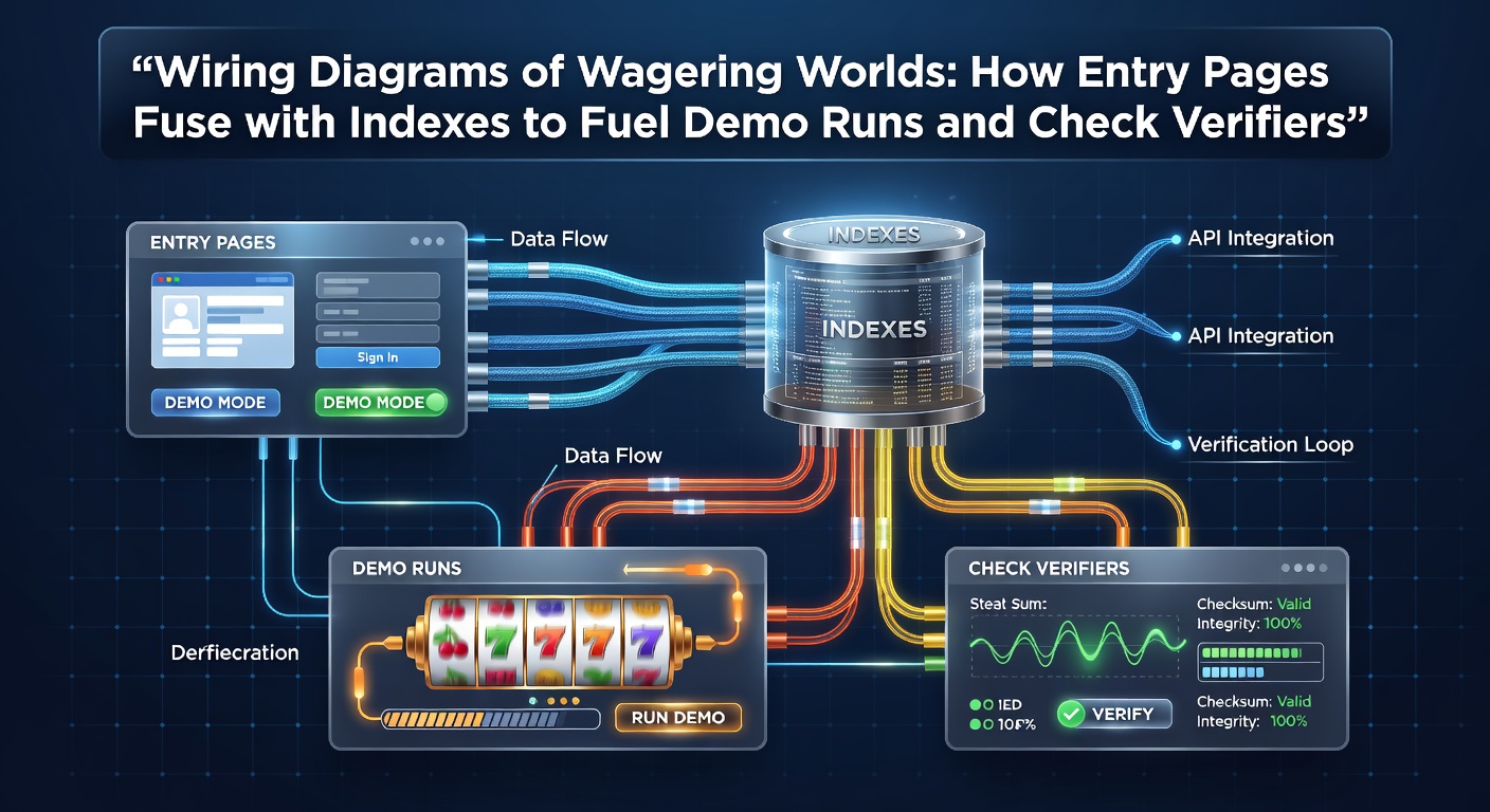 Diagram illustrating connections between a casino homepage, navigation menu, demo game interface, and verification dashboard on an online wagering site